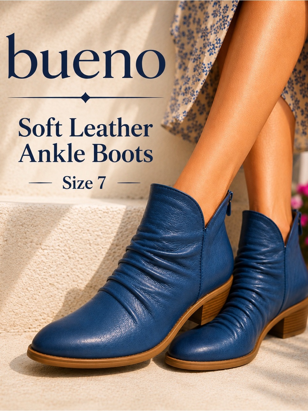 Bueno Blue Leather Ankle Boots Women’s 7 Slouch Comfort Low Heel Booties